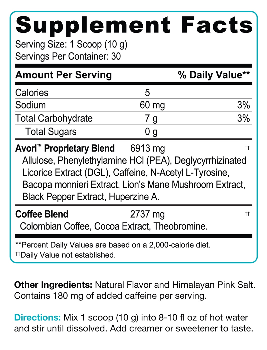 AVORI supplement facts, ingredients and directions