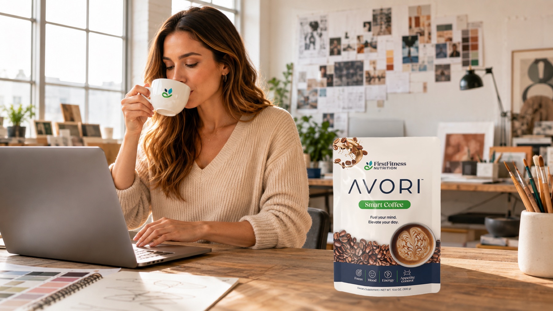 Woman drinking AVORI Smart Coffee while working at her laptop